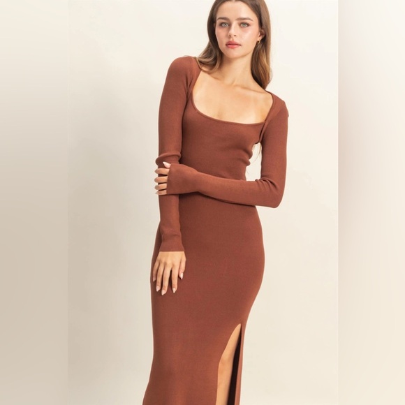 NEW HYFVE Brown Ribbed Knit Maxi Dress Side Slit Square Neck Size Large